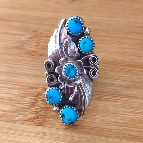 $98 Native American Southwest Turquoise & Sterling Estate Ring Size 7 & 1/4 - Picture 5 of 8